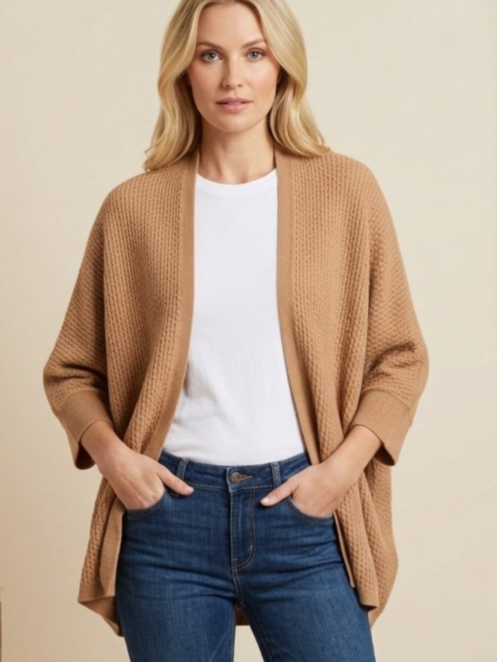 Lusso 100% Cashmere Open Front Batwing Cocoon Cardigan Camel Tan